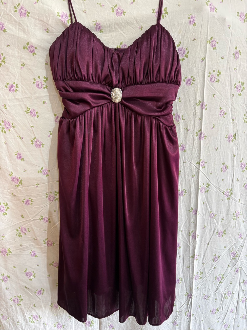 Morgan & Co. Plum Spaghetti Strap Midi Dress with Rhinestone Brooch